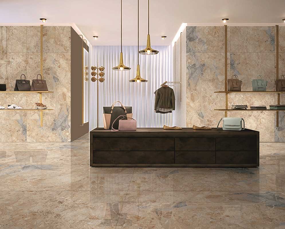Kajaria The Ultima Breccia Azure Bookmatch Slab - Installed Wall