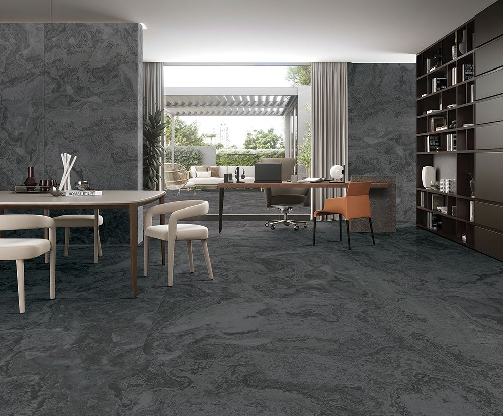 Kajaria The Ultima Savoy Nero Slim Porcelain Slab - Installed Wall